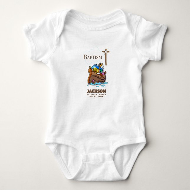Customisable, Baby Boy Baptism Noah's Ark Baby Bodysuit (Front)