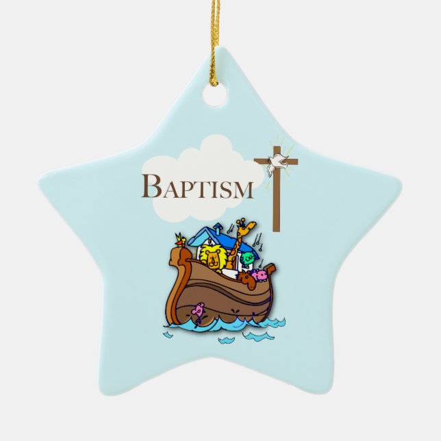 Customisable, Baby Boy Baptism Noah's Ark Ceramic Tree Decoration (Front)