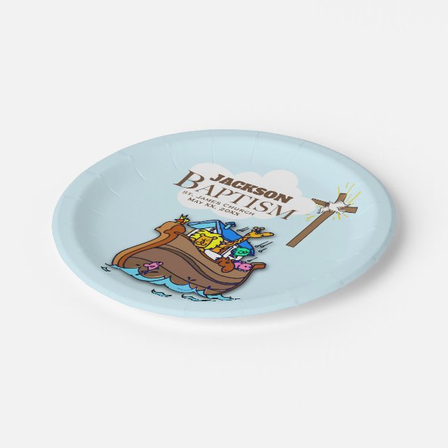 Customisable, Baby Boy Baptism Noah's Ark Paper Plate (Angled)