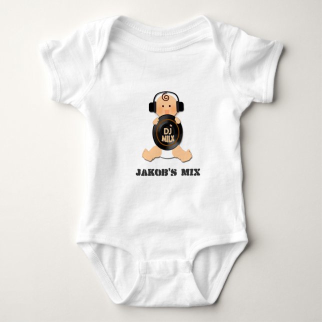 Customisable Baby DJ on Headphones & Vinyl Bodysuit (Front)