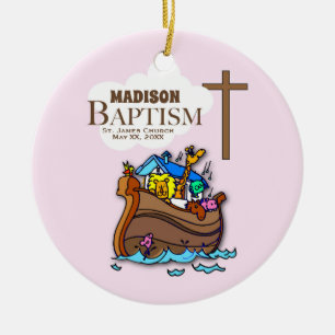 Customisable, Baby Girl Baptism Noah's Ark Ceramic Tree Decoration