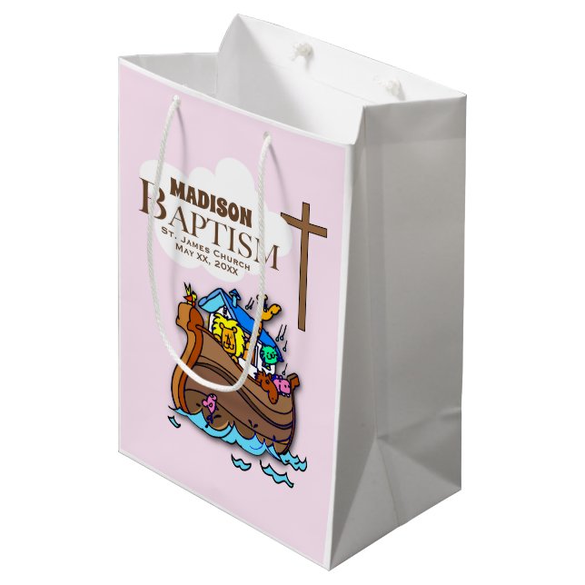 Customisable, Baby Girl Baptism Noah's Ark Medium Gift Bag (Front Angled)