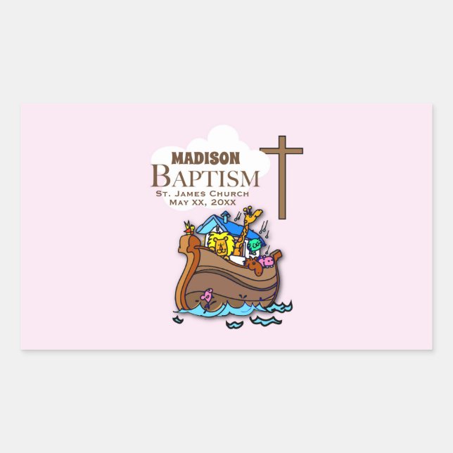 Customisable, Baby Girl Baptism Noah's Ark Rectangular Sticker (Front)