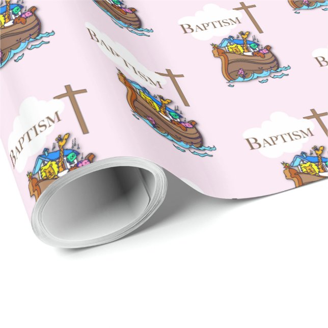 Customisable, Baby Girl Baptism Noah's Ark Wrapping Paper (Roll Corner)