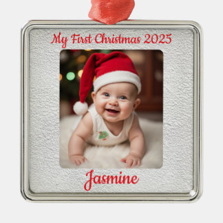 Customisable Baby's First Christmas Square Metal Tree Decoration