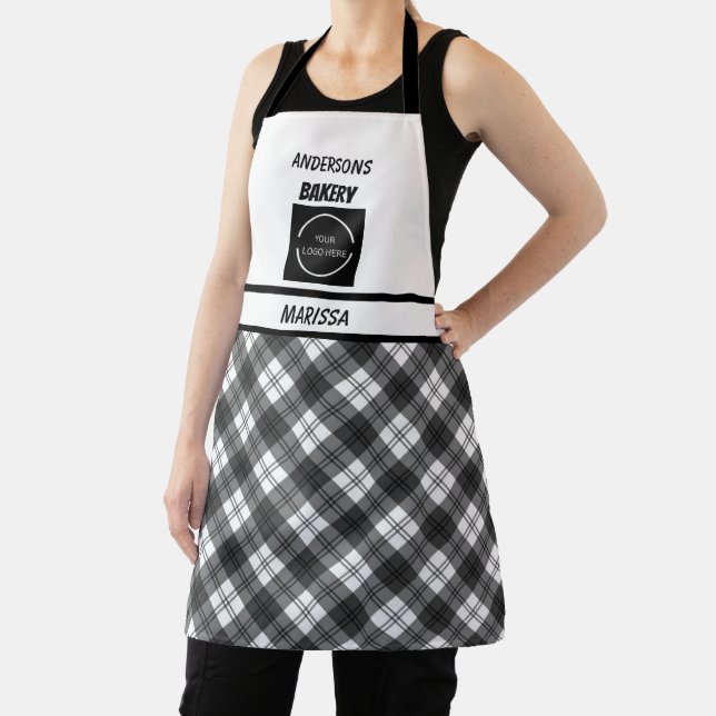 Customisable Bakery logo Black & White Plaid  Apron (Insitu)