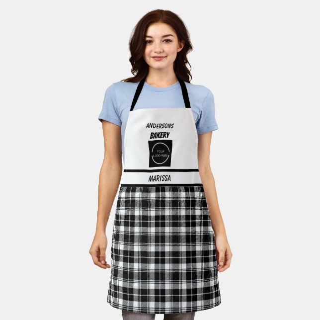 Customisable Bakery logo Name Black & White Plaid  Apron (Worn)