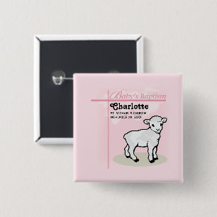 Customisable, Baptism, Pink, Girl, Lamb 15 Cm Square Badge