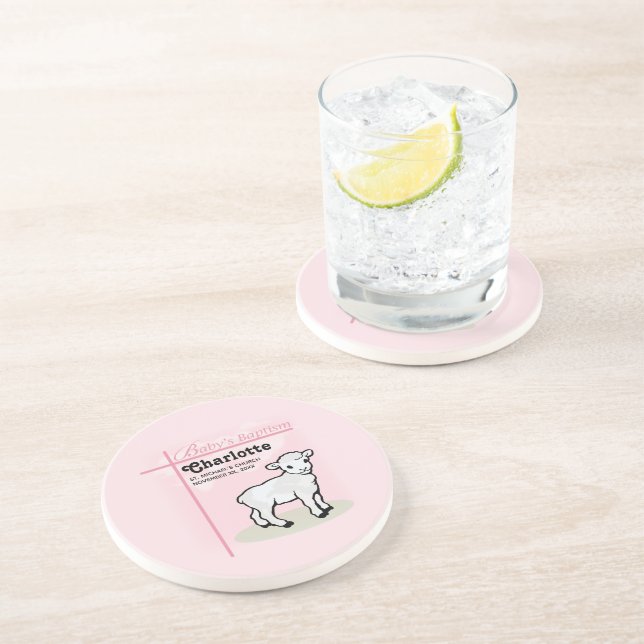 Customisable, Baptism, Pink, Girl, Lamb Coaster (Side)