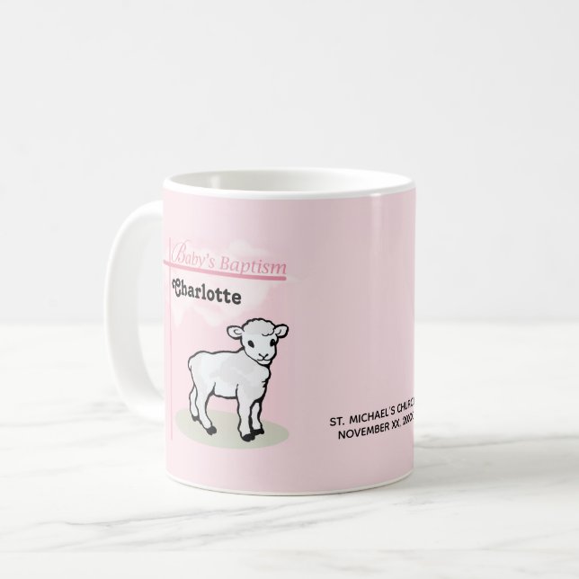 Customisable, Baptism, Pink, Girl, Lamb Coffee Mug (Front Left)