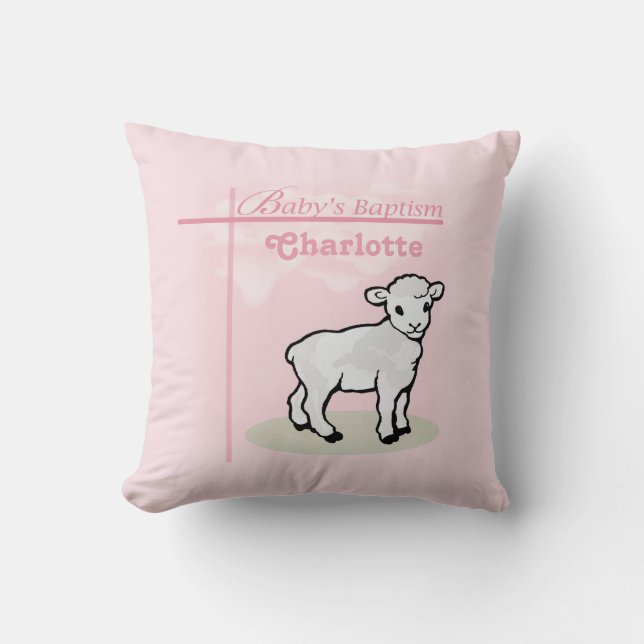 Customisable, Baptism, Pink, Girl, Lamb Cushion (Front)