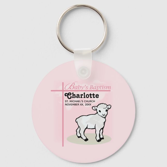 Customisable, Baptism, Pink, Girl, Lamb Key Ring (Front)