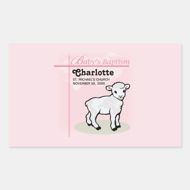 Customisable, Baptism, Pink, Girl, Lamb Rectangular Sticker (Front)