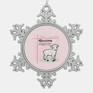 Customisable, Baptism, Pink, Girl, Lamb Snowflake Pewter Christmas Ornament