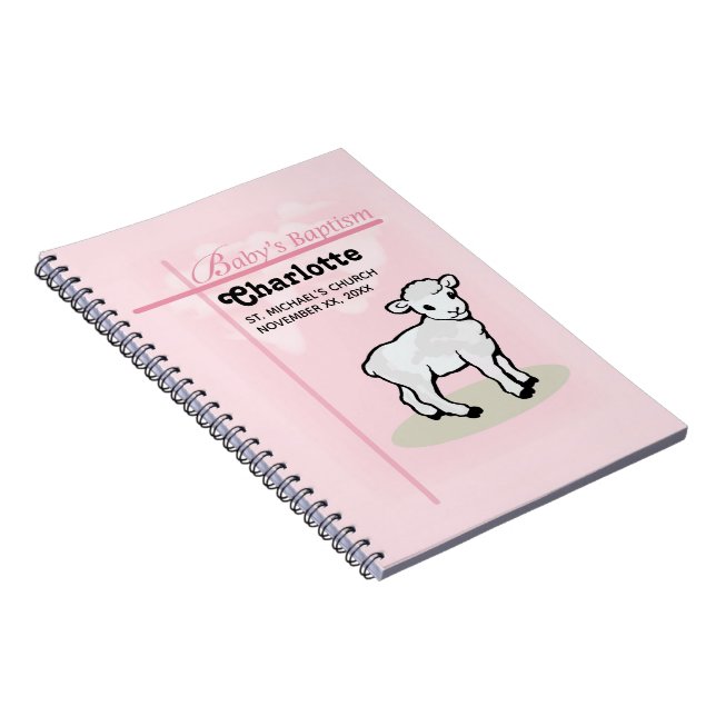 Customisable, Baptism, Pink, Girl, Lamb Spiral Notebook (Right Side)