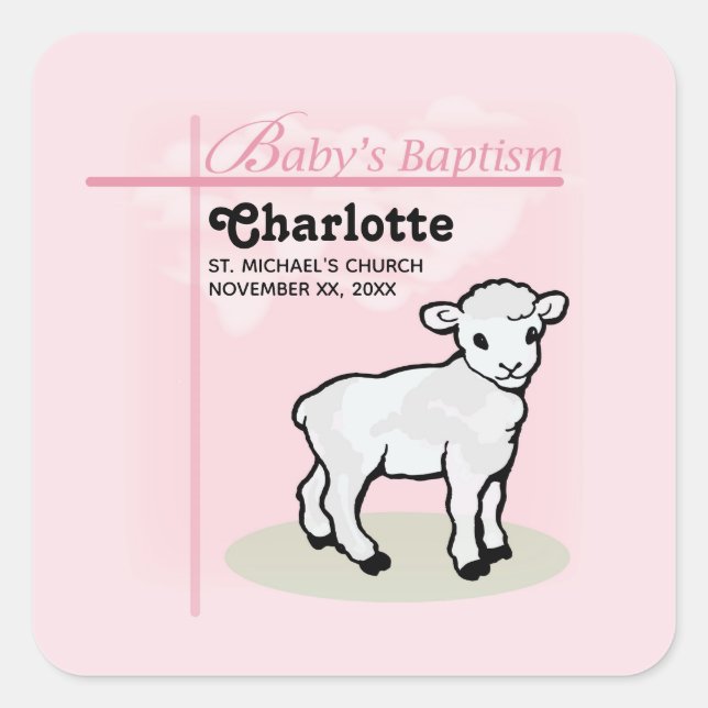 Customisable, Baptism, Pink, Girl, Lamb Square Sticker (Front)