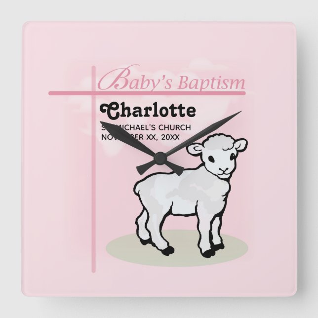 Customisable, Baptism, Pink, Girl, Lamb Square Wall Clock (Front)