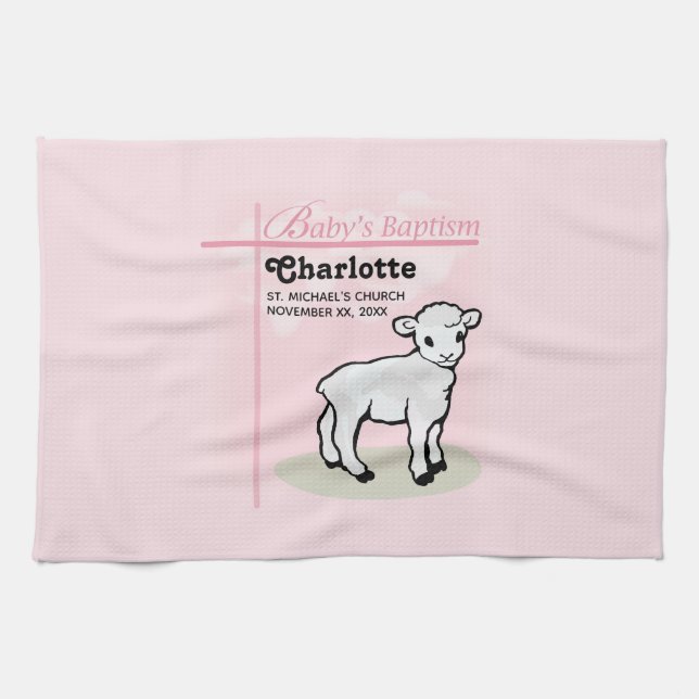 Customisable, Baptism, Pink, Girl, Lamb Tea Towel (Horizontal)
