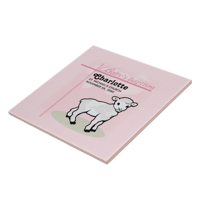 Customisable, Baptism, Pink, Girl, Lamb Tile (Side)