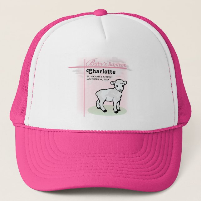 Customisable, Baptism, Pink, Girl, Lamb Trucker Hat (Front)