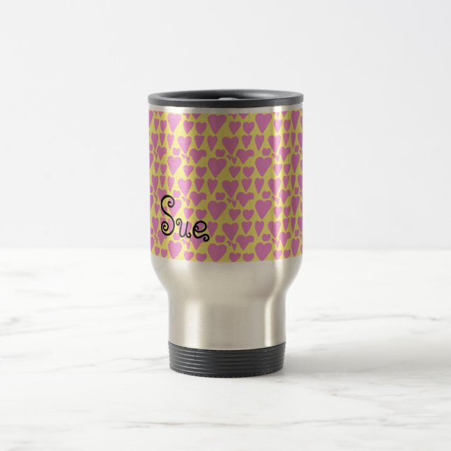 Customisable Beautiful Pink Hearts Repeat Pattern Travel Mug (Center)
