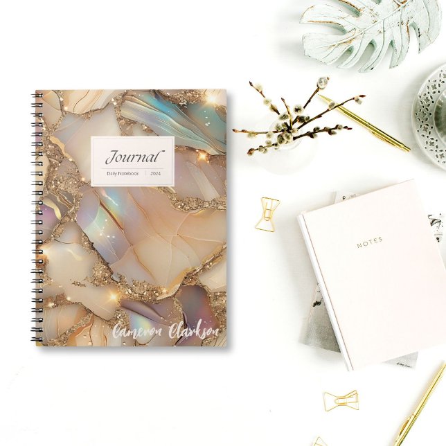 Customisable Beige Holographic Alcohol Ink Daily Notebook (Turn every page with a sparkle! Personalize your Beige & Gold Holographic Notebook today.)