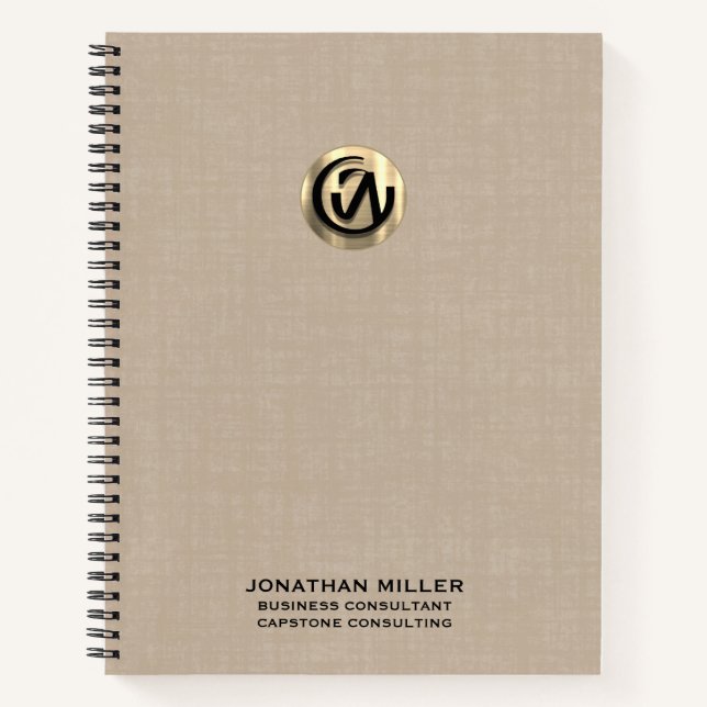  Customisable Beige Linen Notebook with Gold Logo (Front)