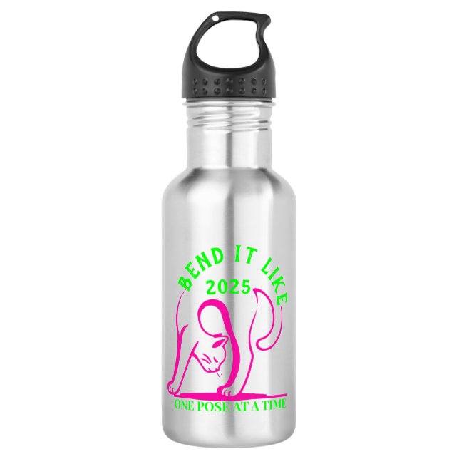 Customisable "Bend It Like 2025" Yoga Cat 532 Ml Water Bottle (Front)