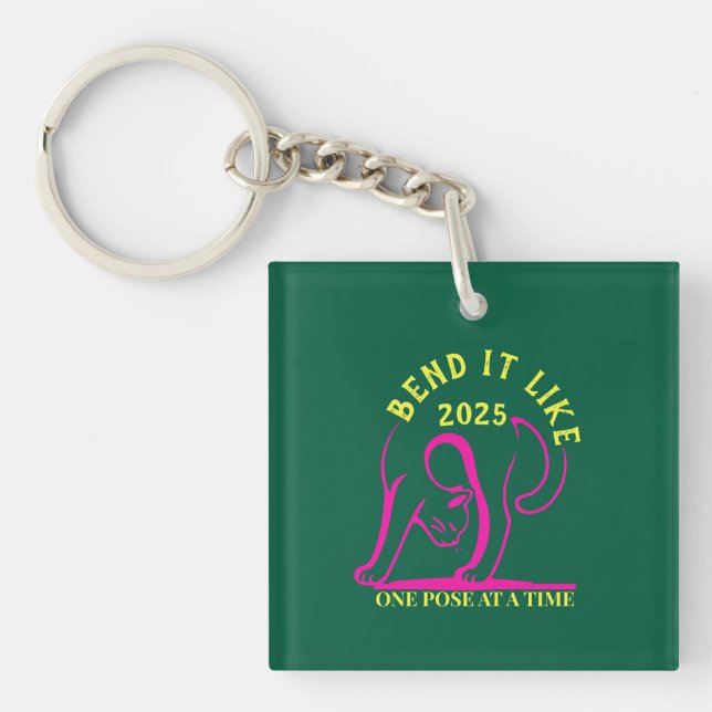 Customisable "Bend It Like 2025" Yoga Cat Key Ring (Front)