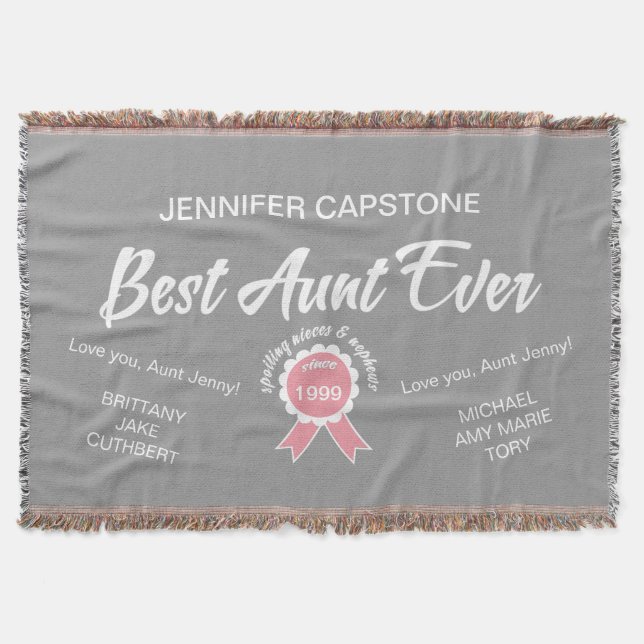Customisable Best Aunt Ever Pink Ribbon Throw Blanket (Front)