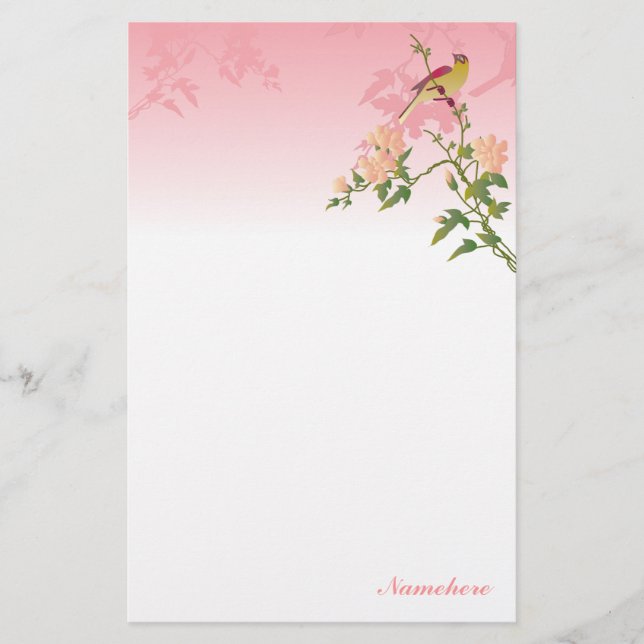 Customisable: Bird on Chinese blossom Stationery (Front)