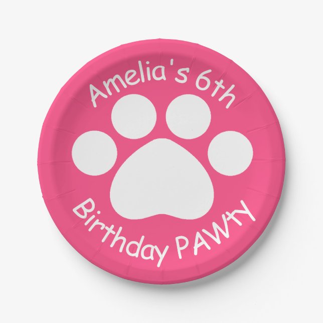 Customisable Birthday PAWty - Pink Paper Plate (Front)