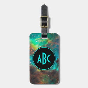 Customisable Black and Aqua Three Letter Monogram Luggage Tag
