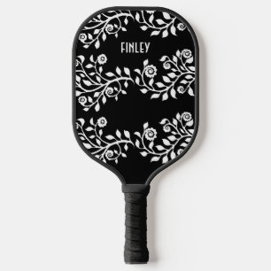 Customisable Black and White Floral Swirls Novelty Pickleball Paddle