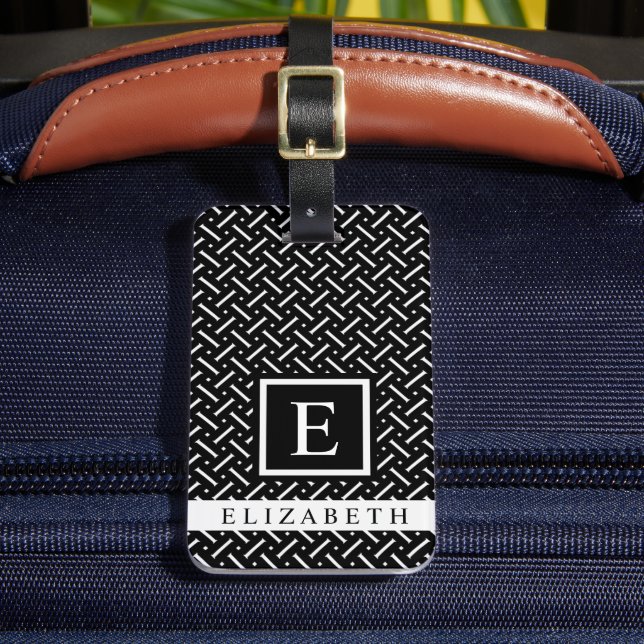 Customisable Black And White Geometric Pattern Luggage Tag (Front Insitu 2)
