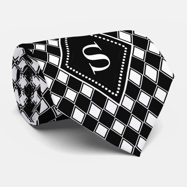 customisable black and white harlequin monogram tie (Rolled)