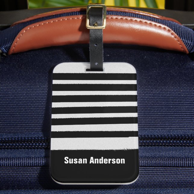 Customisable Black and White Striped  Luggage Tag (Front Insitu 2)