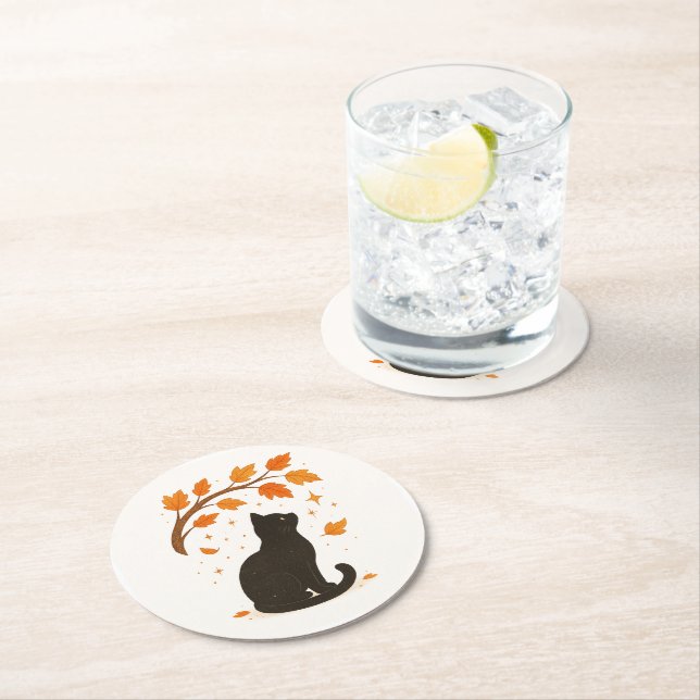Customisable Black Cat Fall Set of Paper Coasters (Insitu)