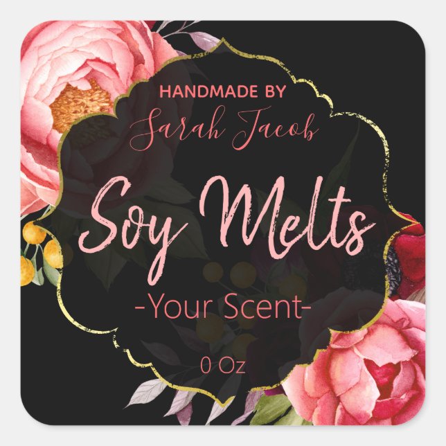 Customisable Black Floral Soy Melt Label Label (Front)