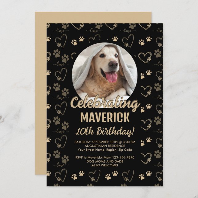 Customisable Black Gold Dog Birthday Party Invitation (Front/Back)