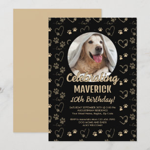 Customisable Black Gold Dog Birthday Party Invitation