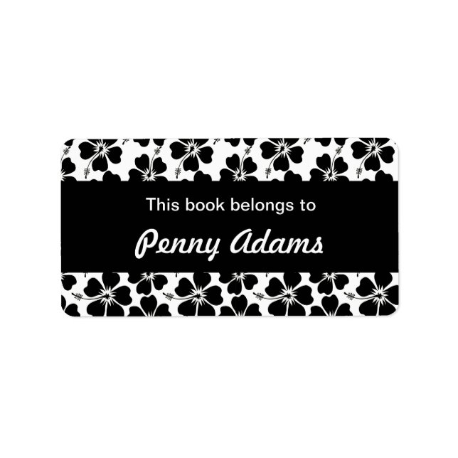 Customisable Black Hibiscus on White Bookplate Label (Front)