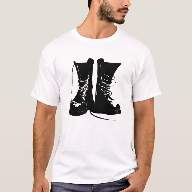 Customisable Black Leather Combat Boots Laces T-Shirt (Front)