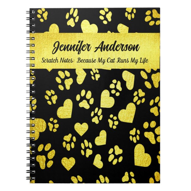 Customisable Black Notebook with Golden Paw Prints (Front)