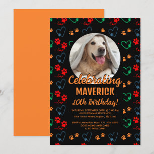 Customisable Black Orange Dog Birthday Party Invitation