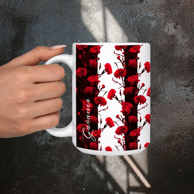 Customisable Black Red Floral Carnation Stripes Coffee Mug (Creator Uploaded)
