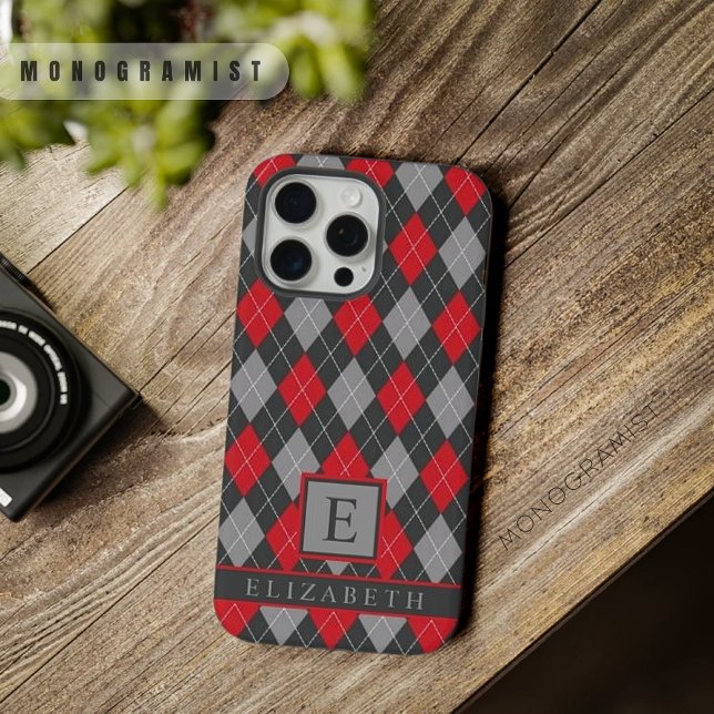 Customisable Black Red Grey Colour Argyle iPhone Case (Customizable Black Red Grey Color Argyle iPhone Case)
