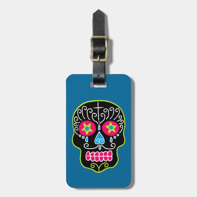 Customisable Black Sugar Skull Luggage Tag (Front Vertical)
