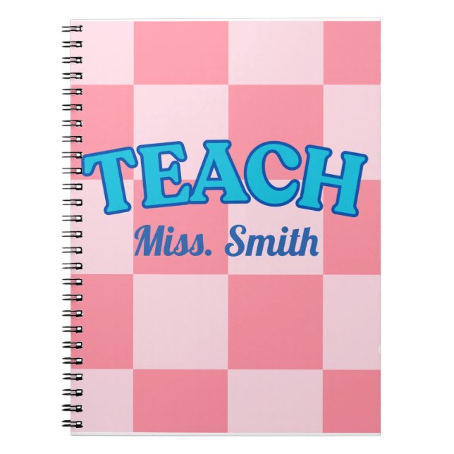 Customisable Blue and PinCheckered Teacher Planner Notebook (Front)