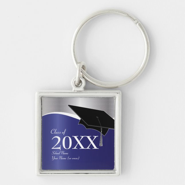 Customisable Blue and Silver Graduation Keychain (Front)